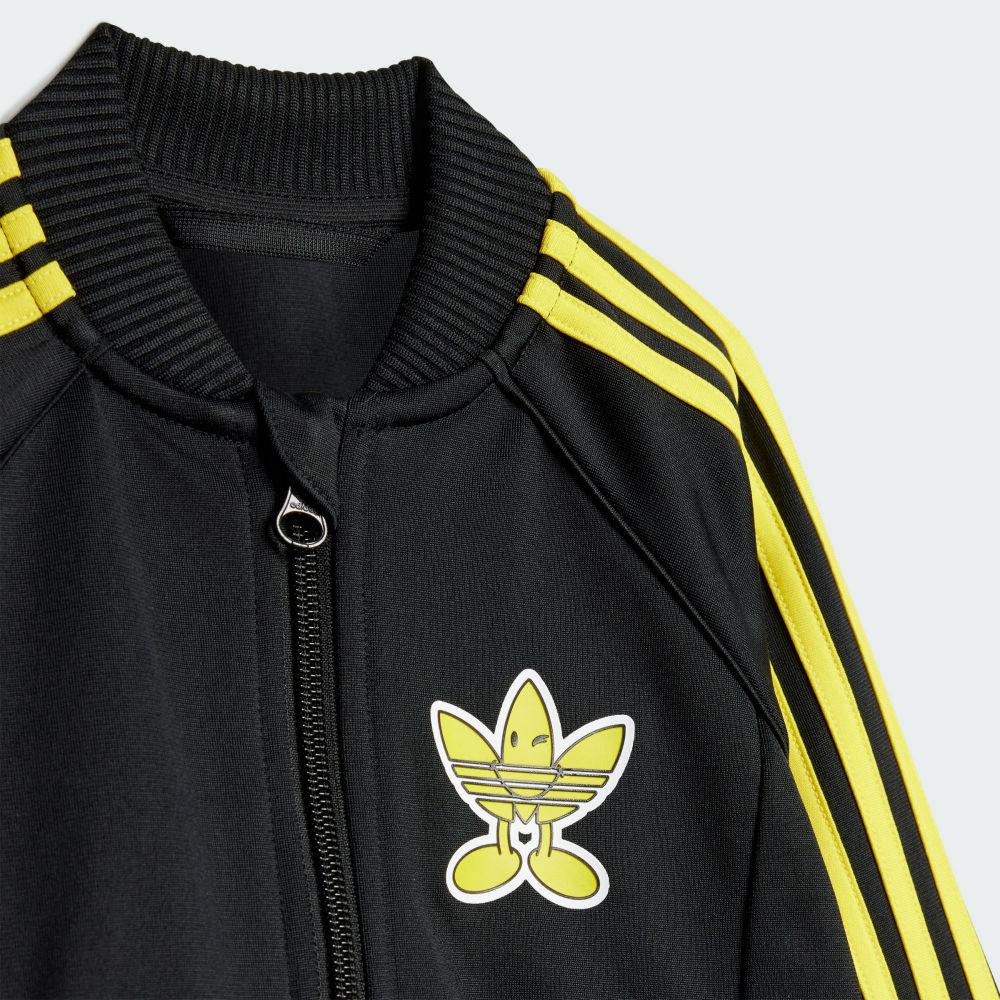 adidas Оригиналы X Smileyworld Коллаборация Повседневный спортивный костюм Sst В полоску Удобная Универсальная Куртка Простые Мягкие Длинные брюки Костюм для малыша Черный JD2874