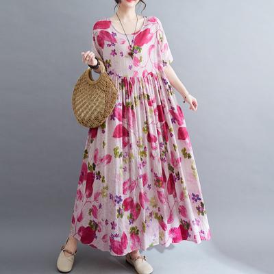 Летнее новое художественное свободное хлопковое льняное платье с короткими рукавами и принтом