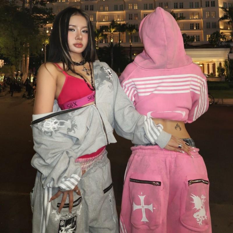 Hipster Streetwear Hooded Zip-Up Sweatshirt Jogger Pants Set With Bold Letter Print Women Fall Winter Casual Outfit