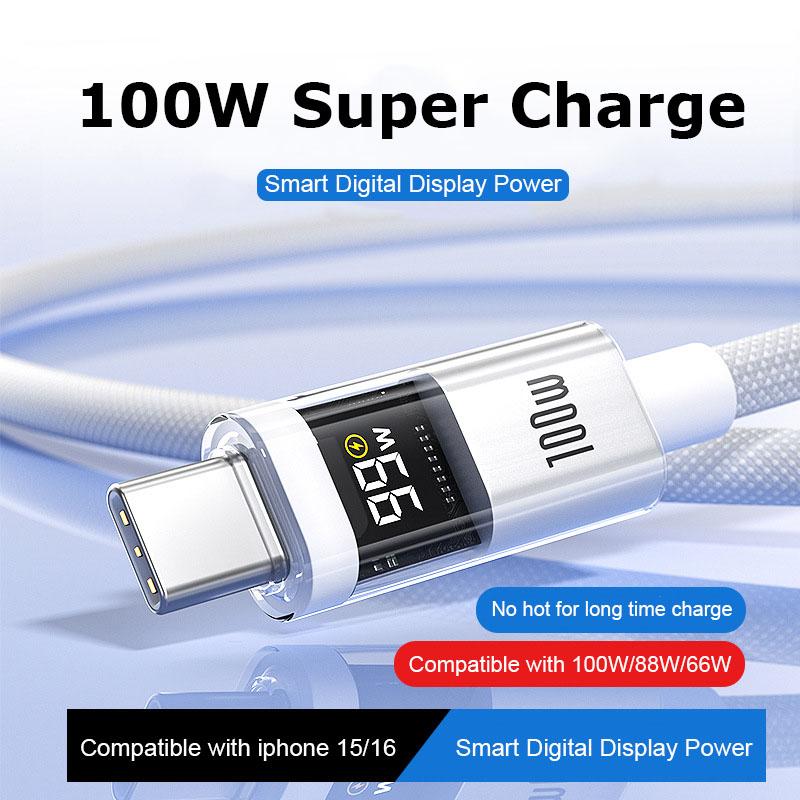 Цифровой дисплей 100 Вт Кабель для супербыстрой зарядки Type-C на Type-C PD 30 Вт Быстрая зарядка USB на Type-C C-C Для iPhone 15 16 Xiaomi Huawei
