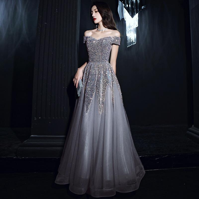 Heavy industry evening dress women's 1011 new banquet temperament socialite sequins one-word shoulder long dress annual meeting dress