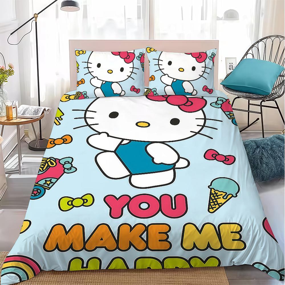 H-HelloS Cute K-KittyS Duvet Cover Set Home Style Bedding Soft Laundry Cotton Bed 3 Piece Set Student Dormitory Gift