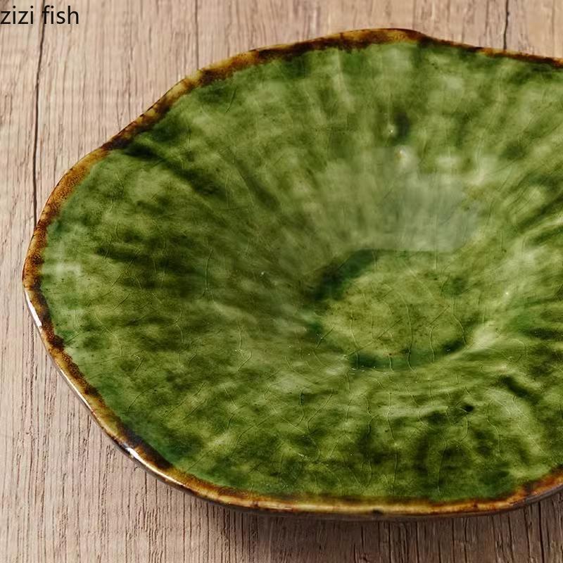 Ретро-неправильная керамическая обеденная тарелка в виде листа лотоса, десертная тарелка, тарелка для фруктового салата, тарелки для пасты, специальная посуда для молекулярной еды