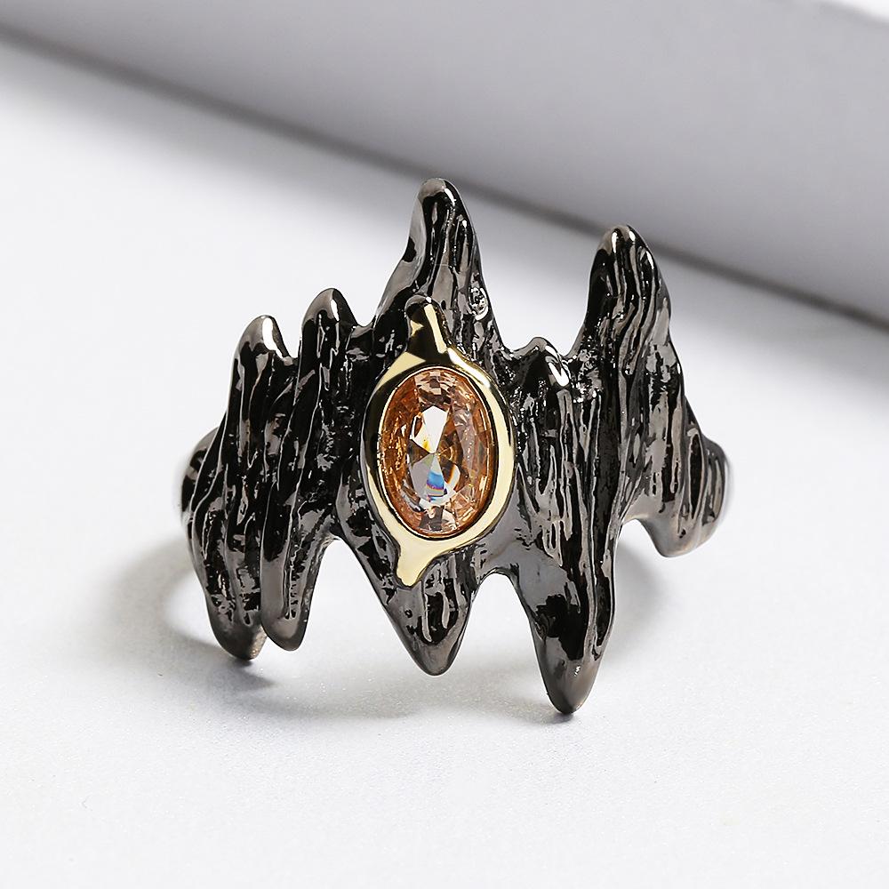 Punk Style Inlaid Amber Zircon Ring for Women's Creative Black and Gold Two-color Jewelry Irregular Hill Shape Party Ring