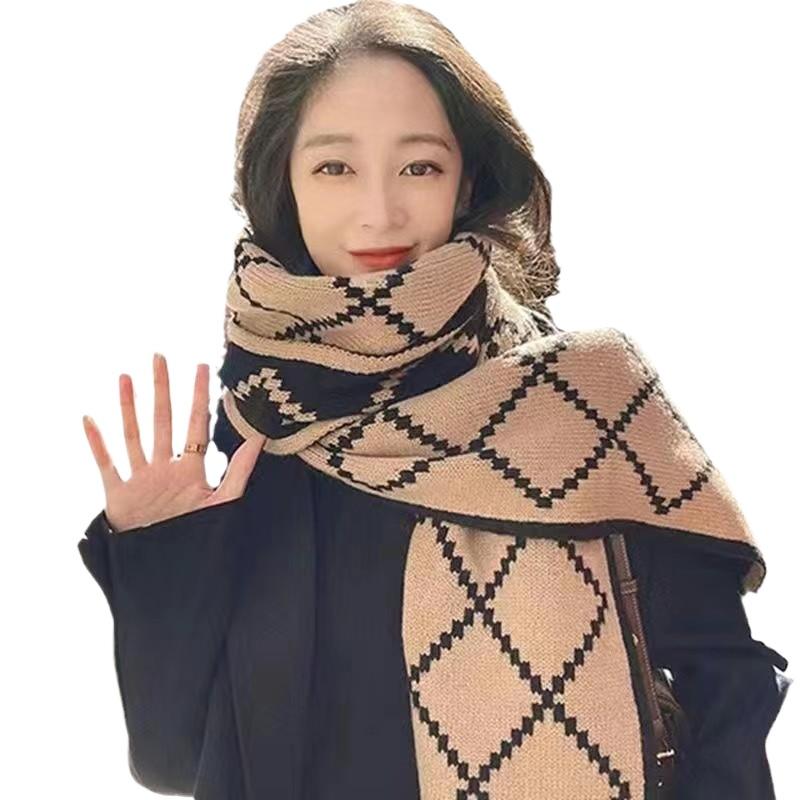 Women's Red Winter Scarf - Korean Style Plaid Knit Wool Neck Warmer Fashion Student Casual Warm Soft Wrap For Cold Weather