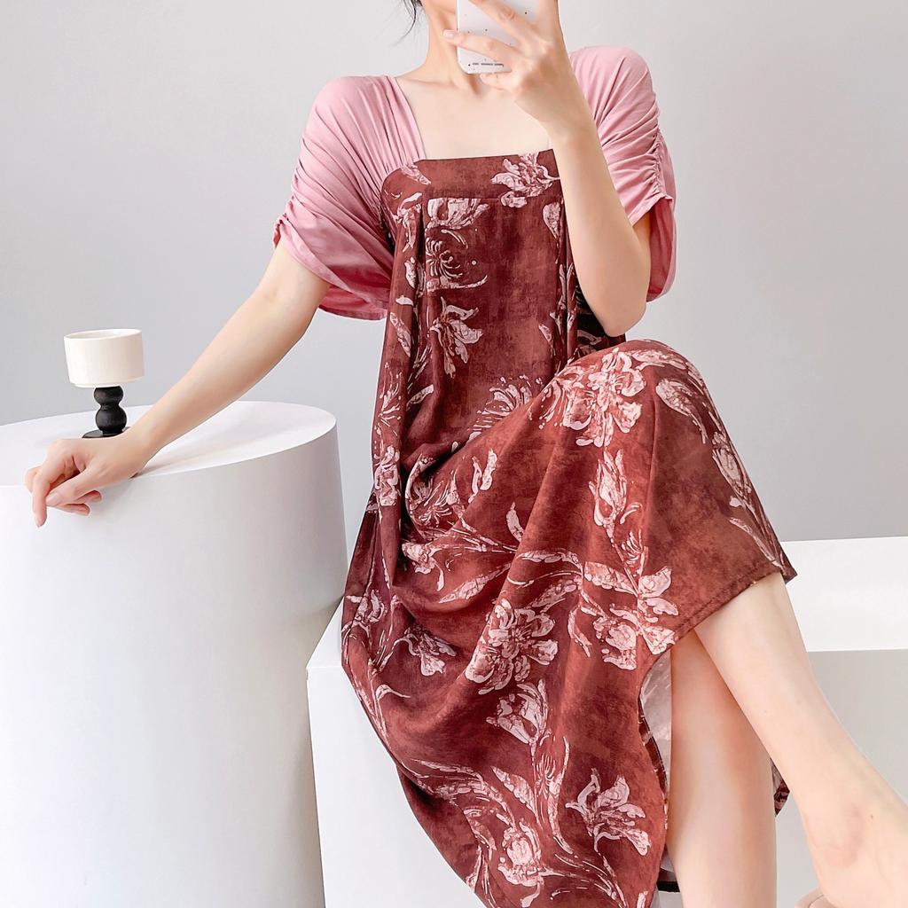 Women's nightgown thin short-sleeved printing light luxury simple breathable casual loungewear long skirt can be worn outside