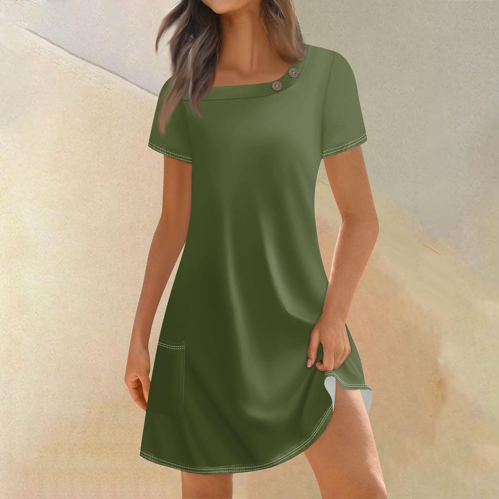 Женская мода, летние платья с квадратным вырезом и коротким рукавом, повседневные свободные однотонные платья с карманами и пуговицами