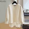 Women Autumn Round Neck Long Sleeve Pullover Lace Hem Sweatshirts