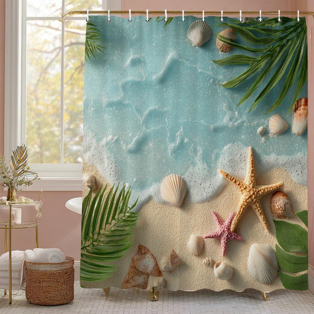 Ocean Beach Scenery Shell Starfish Waves Shower Curtain, Bathroom Decorative Shower Curtain, Printing Shower Curtain With Hooks