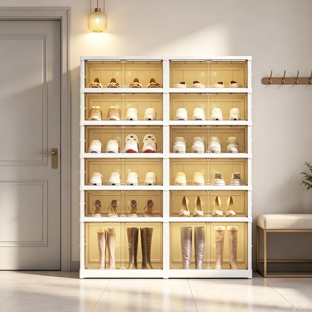 Foldable shoe cabinet made of PP, 6-tier with magnetic semi-transparent door, 24 pairs of shoes, boot section, hidden casters, tool-free assembly