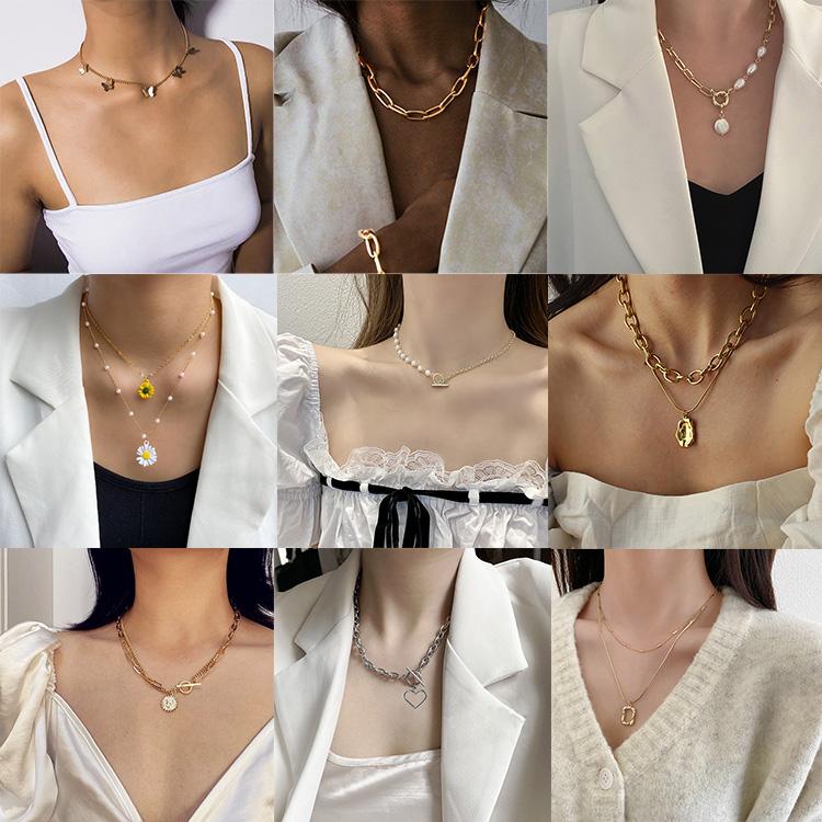 VKME Fashion Layered Pearl Flower Pendant Necklace Female Small Daisy Pearl Chain Collar Necklace Bohemian Vintage Jewelry Gift