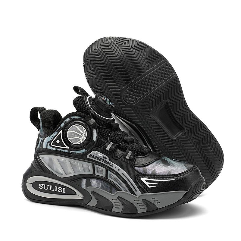 208 Students Children's Fashion Rotating Buckle Sports Shoes Running Shoes Boys Autumn and Winter Leather Surface Primary School Students Casual Sh