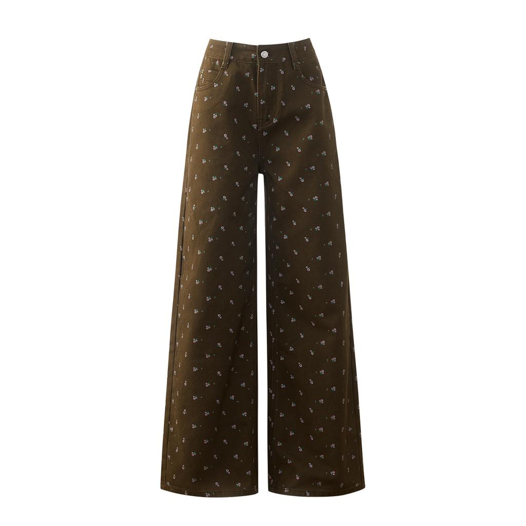 Floral denim trousers new American retro wide-leg mopping casual lazy spring and summer comfortable