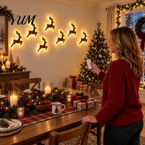 Cordless Holiday Wall Decor LED Reindeer Decoration, 3D Light-Up Wooden Christmas Glow Silhouette Lights, Warm Backlit Lighted Art Peel And