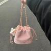 High Quality Pink Leather Ladies Shoulder Bags Versatile Drawstring Female Bucket Bags Simple Chain Crossbody Bags Women Handbag