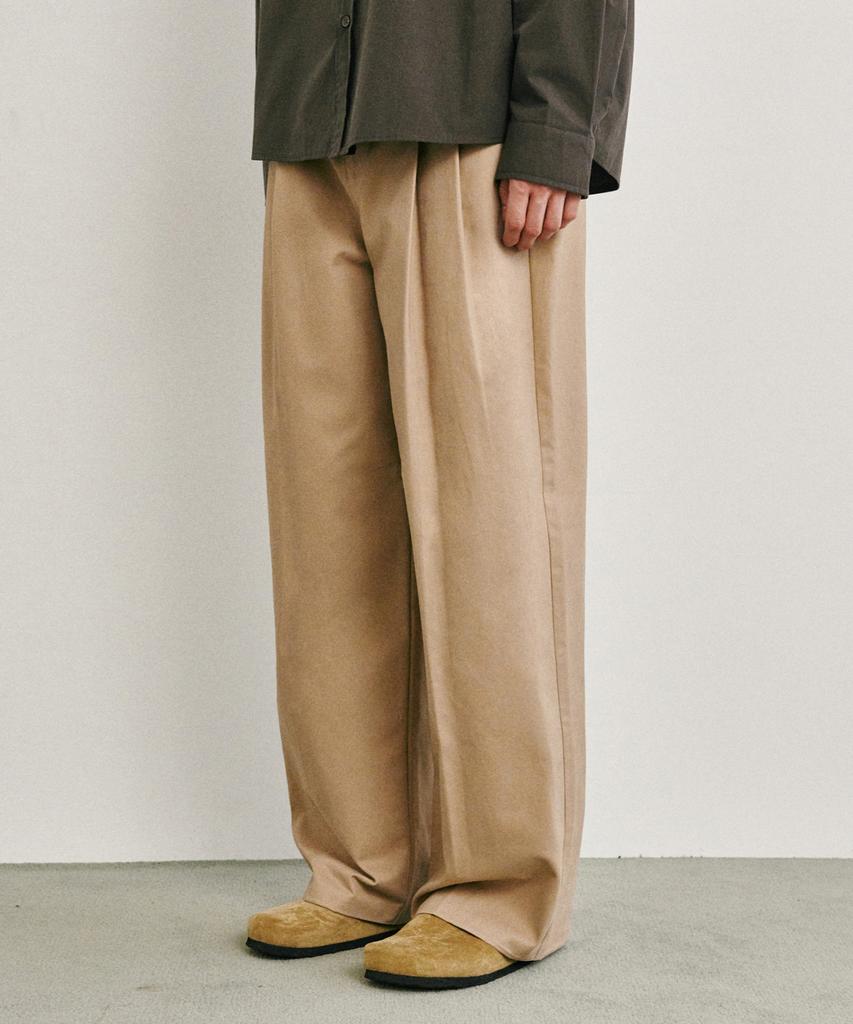 GLW Wide Double-Pleat Cotton Pants Beige