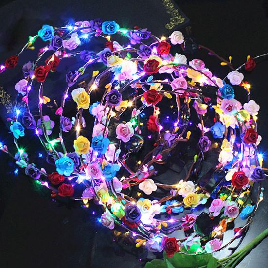 1/2Pcs Colorful LED Rose Flower Crown Adjustable Wedding Bride Floral Hair Wreath Headband Garland Headpiece Hair Accessories Party Photo Props