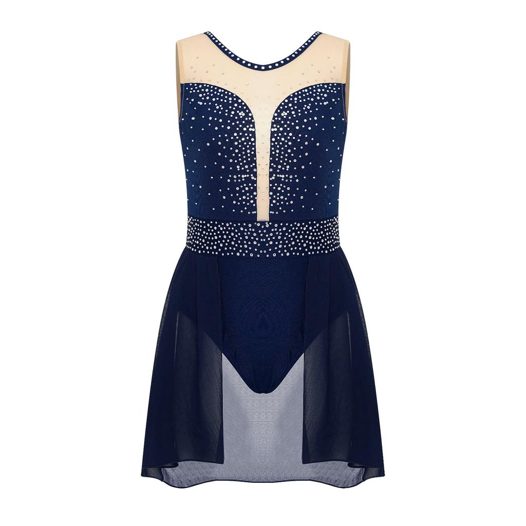 Kids Girls Ballet Lyrical Dance Figure Ice Skating Dress Hollow Back Mesh Gymnastics Leotard Dress