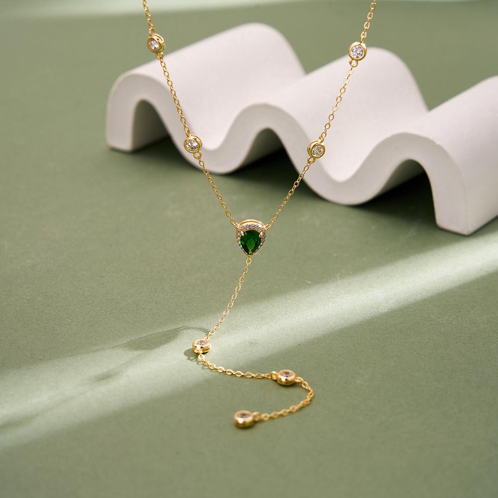 RINNTIN BQN39 Long Tassels 925 Sterling Silver Green Zircon Y-Necklace for Women Luxury Layered Chain Necklace