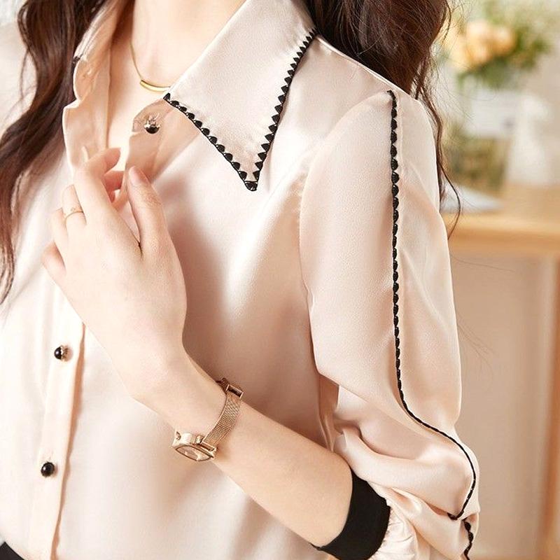 Blouses Premium  Autumn Winter Straight Korean Thin Striped Button Women's Clothing Turn-down Collar Temperament Dignified