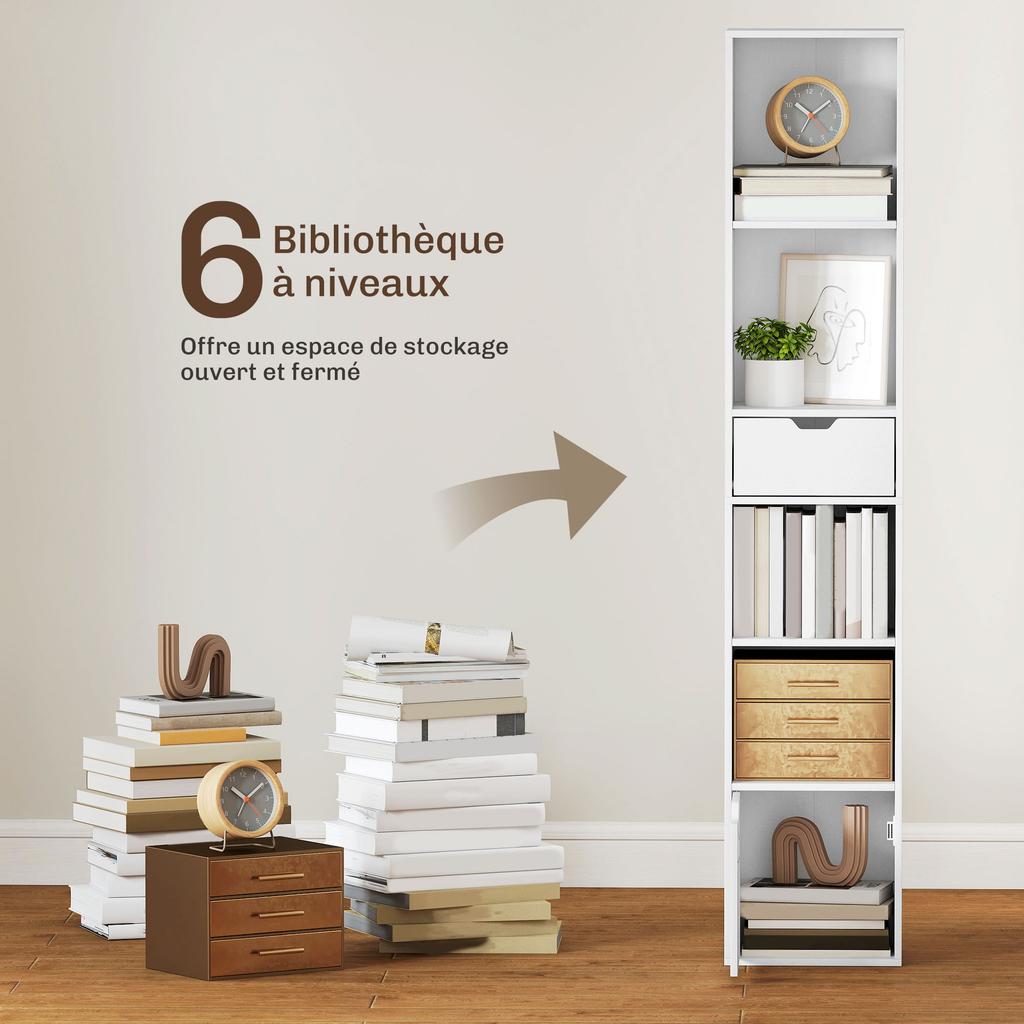 Bookcase Bookshelf, Drawer, Cupboard, Open Compartments, 30 x 24 x 158 cm, White