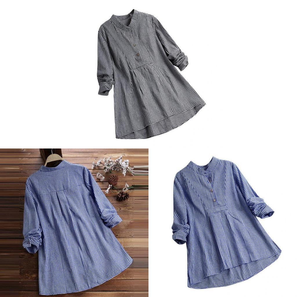 Oversized Plaid Buttonup Shirt With Stand Collar For Casual Streetwear Women