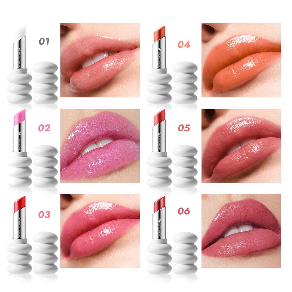 Lipstick, White Threaded Tube, Stylish and Simple, Natural Finish, Delicate Glitter, Silky and Lightweight Texture,6 Colors