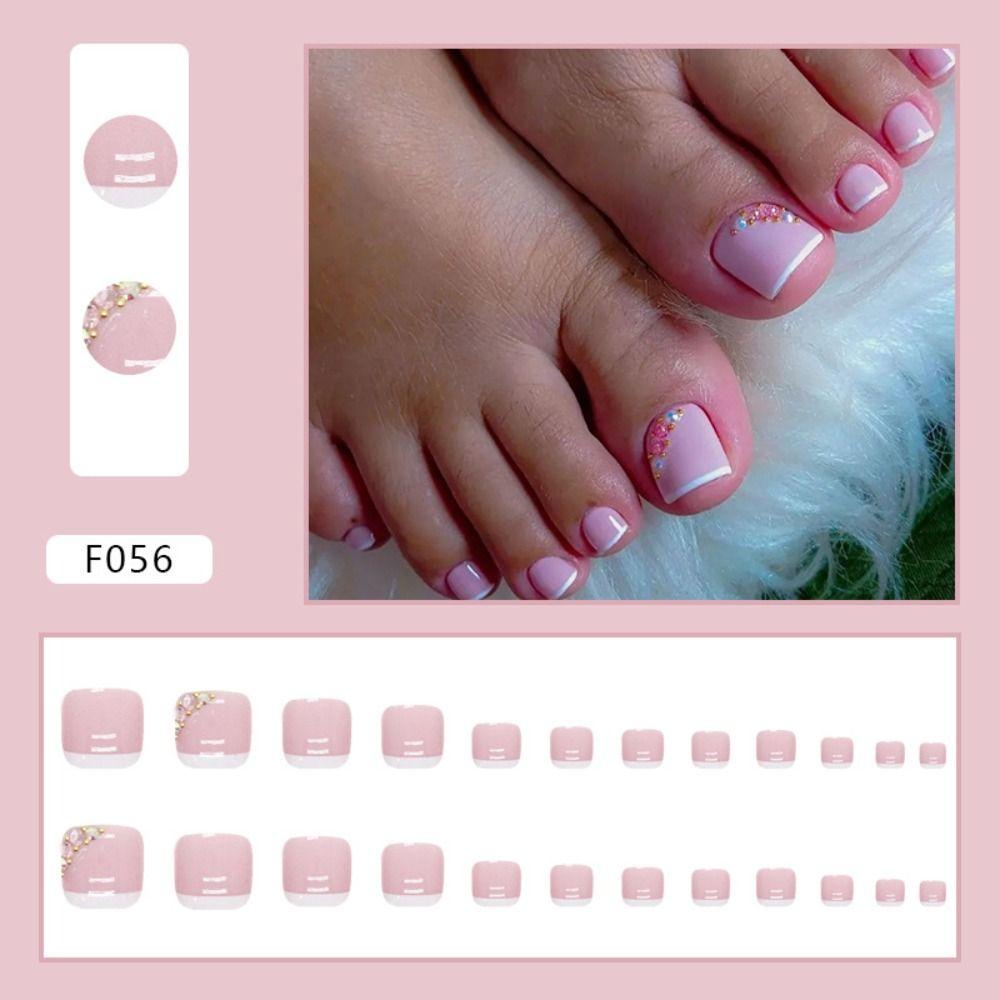 24pcs for Women Short Toe Nails Full Cover Spring Summer Flowers Fake Toenails French Gold