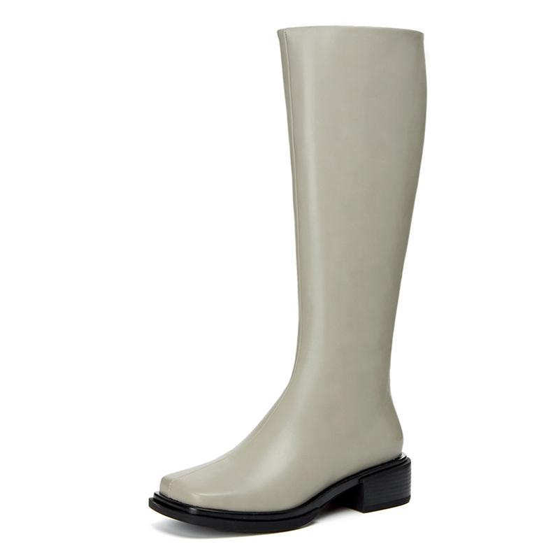 Meotina Женские сапоги до колена из натуральной кожи, высокие сапоги на плоской подошве с квадратным носком и молнией, женская модная обувь, осень-зима, серого, бежевого цвета