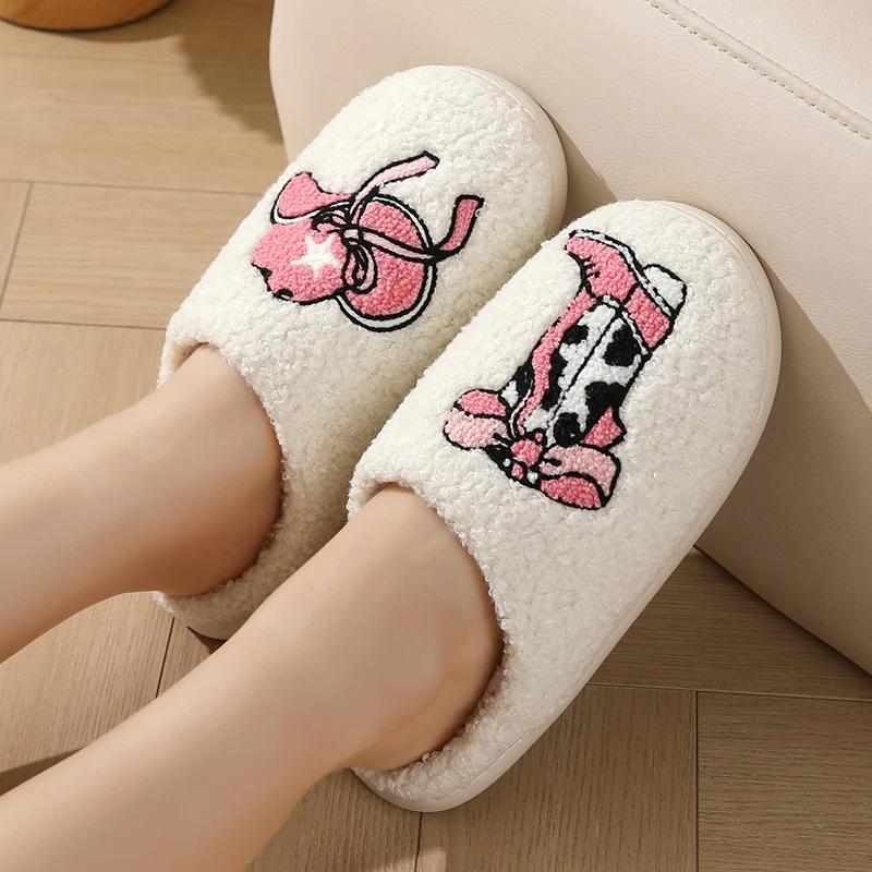 Fashion Cute Pink Floral Printed Plush Slippers for Women Soft Warm Non Slip Indoor Home Shoes Woman Comfortable Fluffy Winter Slippers