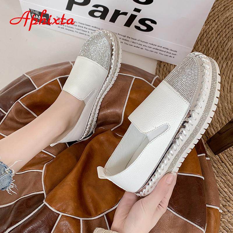 Fashion Aphixta 2025 New Crystals Luxury Leather Flats Shoes Women Hand Stitching Slip-on Flat Platform Footwear Plus Big Size 42 43
