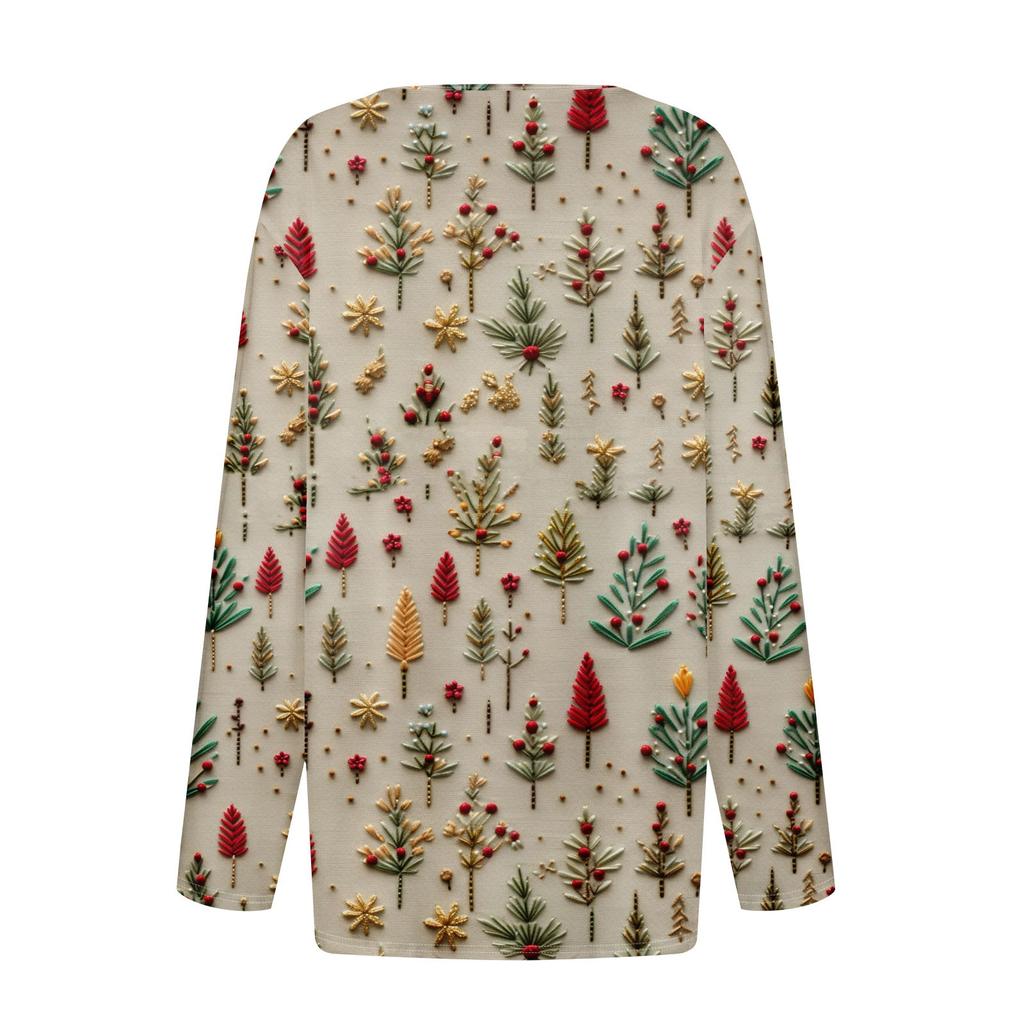 Женская модная повседневная футболка с длинным рукавом и V-образным вырезом на рождественском принте на пуговицах