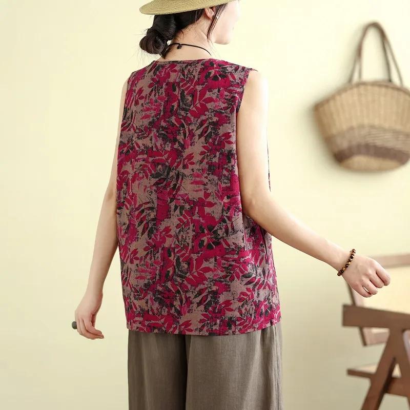 Литературный Ретро Цветная Майка Летняя Новая Повседневная Свободная Универсальная Хлопок и Лен Мамин Топ Без Рукавов