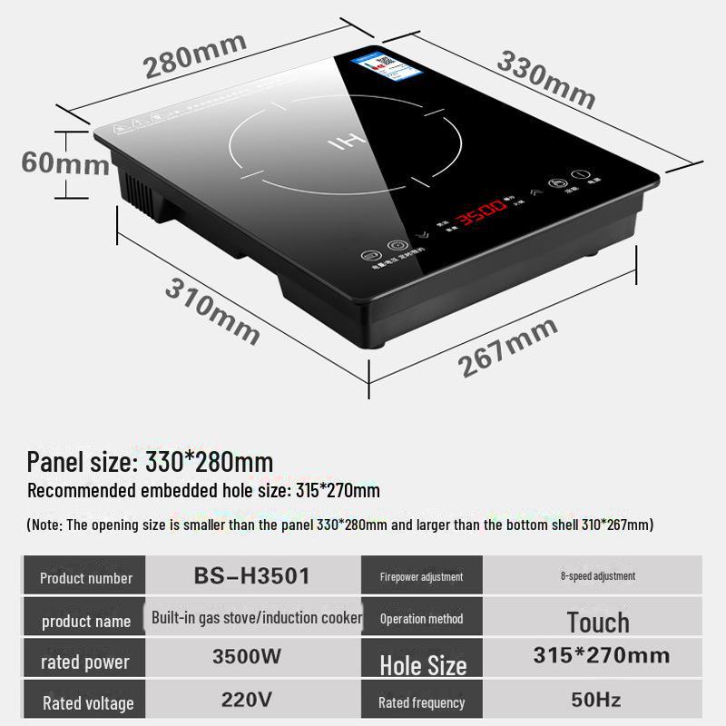 Built-In Single Induction Cooktop: High-Power, 33*28, Gas & Electric Compatible for Apartments