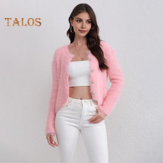 Auutmn Winter Lady Cardigan Coat Furry Plush Single-breasted U Neck Long Sleeves Thickened Solid Color Faux Fur Knitted Sweater Jacket