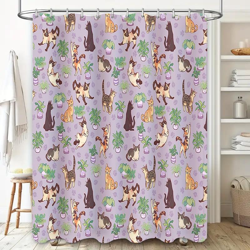 Cute Cat Plant Pattern Shower Curtain Woodland Forest Animal Bathroom Decor Washable Waterproof Home Textile