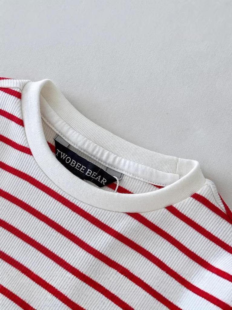 G26 Spring Korean Girls' Color-Woven Striped Long-Sleeve T-Shirt