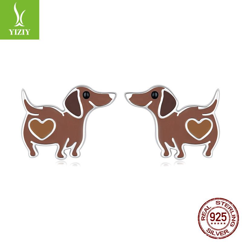Animal Dachshund Dog Stud Earrings Cute Dog S925 Sterling Silver Oil Stud Earrings