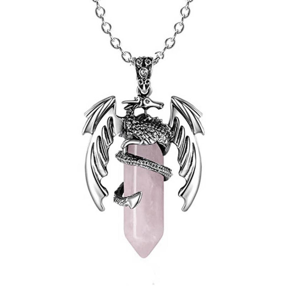 Natural Crystal Animal Dragon Pendant Pterosaur Necklace Women Men Stainless Steel Chain Hexagonal Raw Quartz Lucky Jewelry Gift