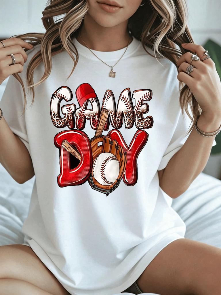 Women'S T-Shirt - Baseball Game Day Print White Casual Apparel, Suitable for Spring And Summer