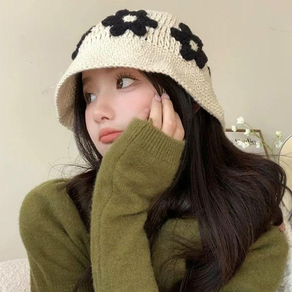 Sweet Beanies Hat Korean Style Bucket Hat Casual Crochet Flower Knitted Hat Autumn and Winter