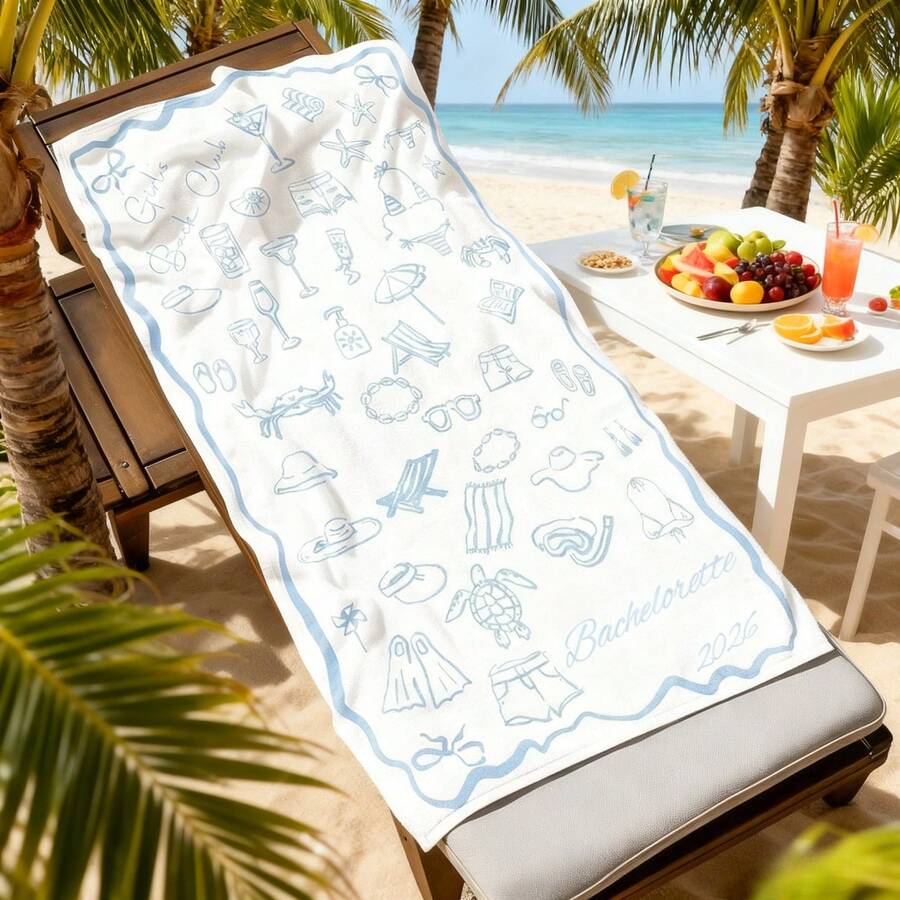 Bachelorette Party Beach Towel Girls Trip Icon Print Summer Vacation Gift for Hen Night Bridal Shower Poolside Fun