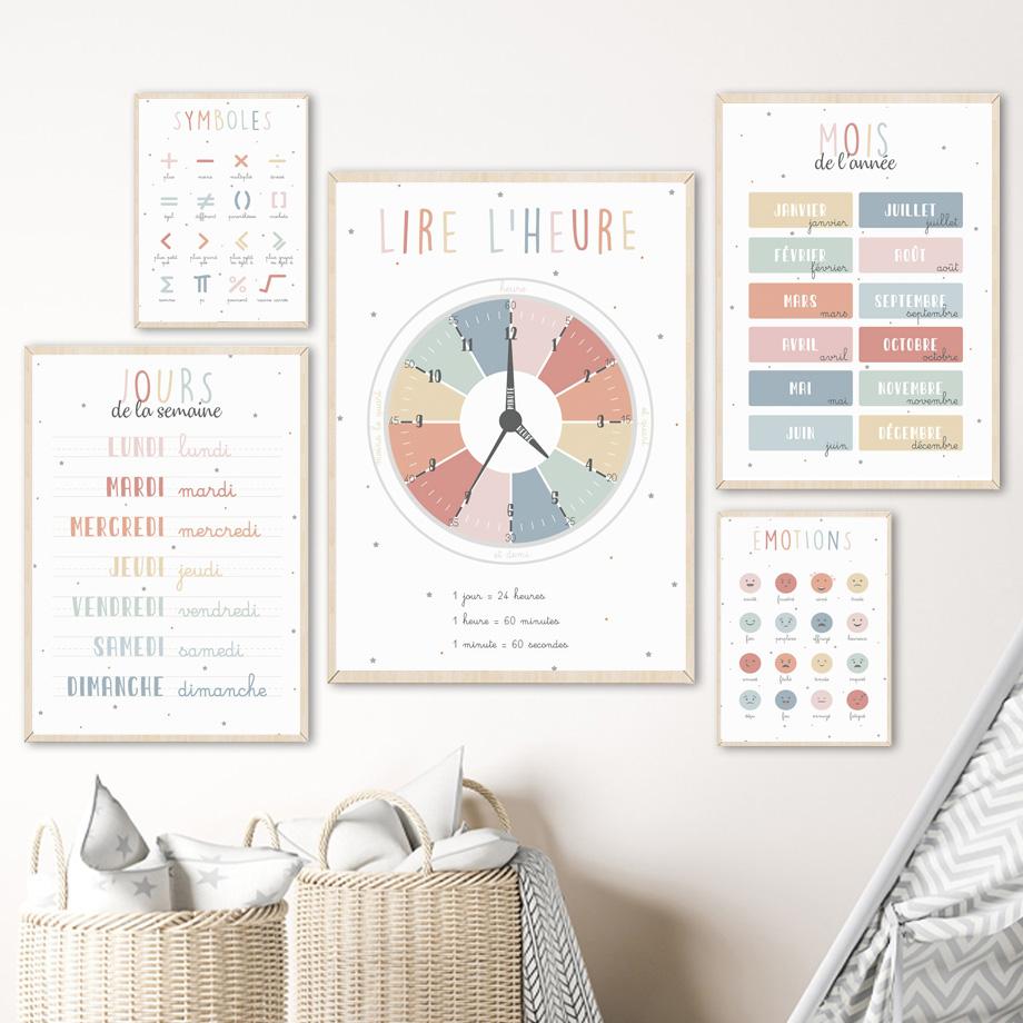 Символ французского образования, месяц, день, время, цвет, настенная художественная печать, холст, картина, плакат на скандинавскую тему, настенные панно, декор для детского класса