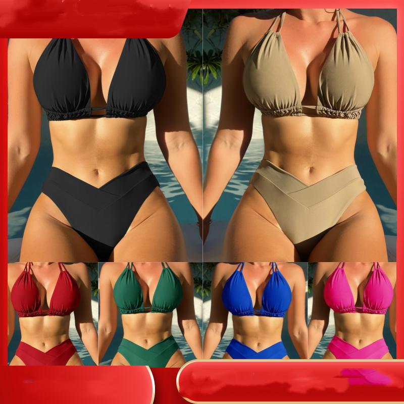 Женский купальник, сплошной цвет, сексуальная треугольная сумка, бретелька на шее, открытая завязка на спине, бикини с высокой талией, пляжная одежда, купальные костюмы, 7 цветов