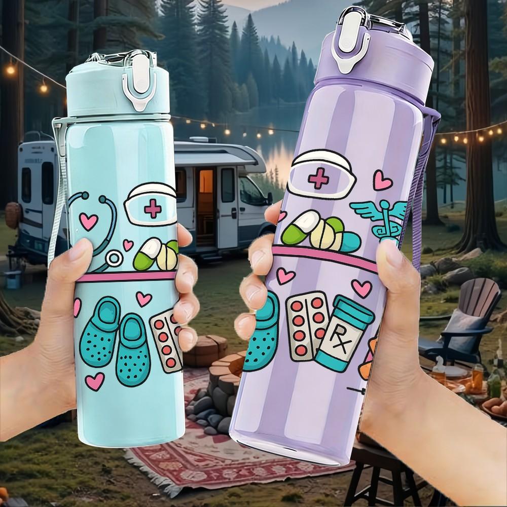 1PC Medical Tool Floral Frame Layout 750ml Color Plastic Sports Water Bottle Leakproof Flip Straw Lid For Sports Office Home Use