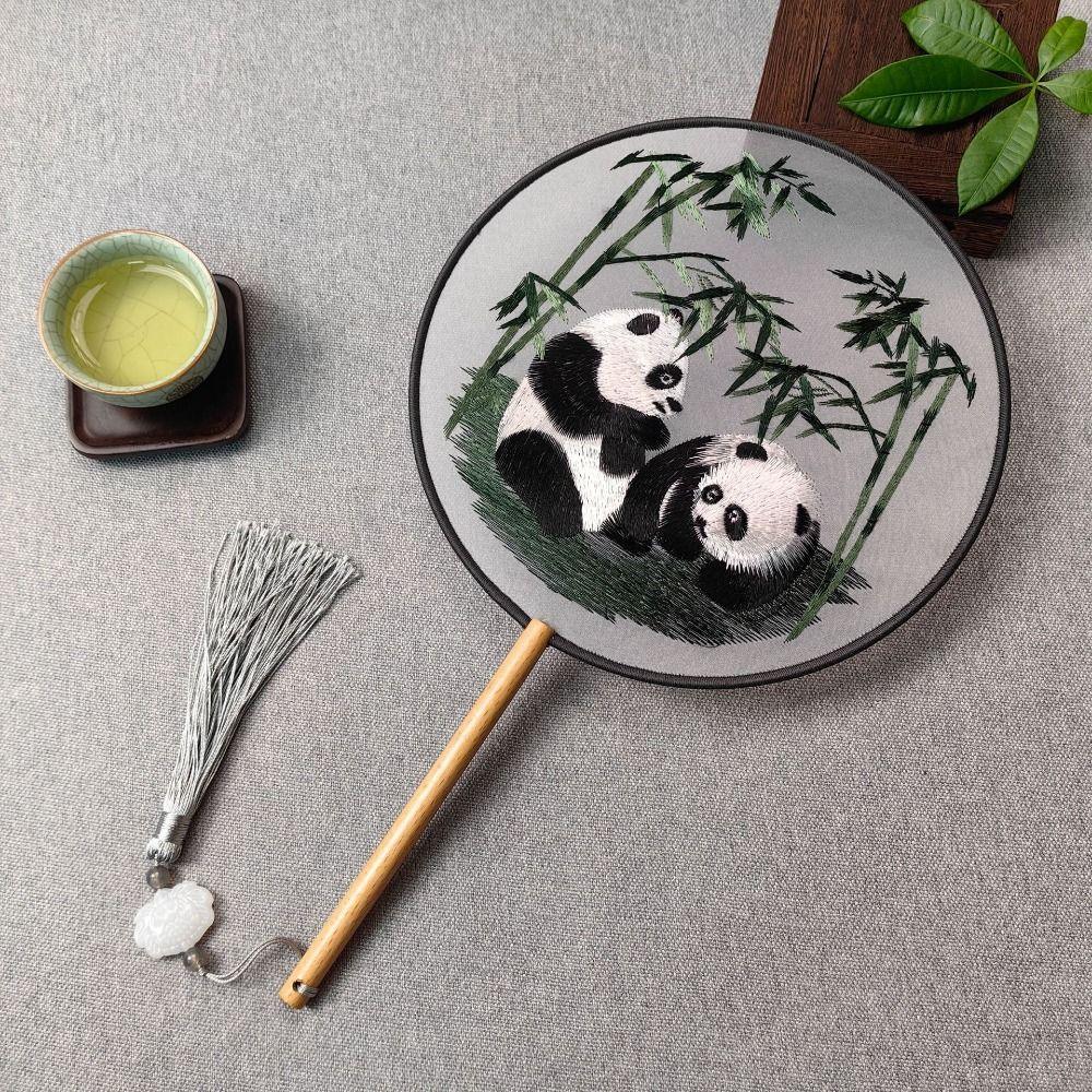 Creative Embroidered Silk Fan Cute Panda Embroidery Round Fan  Home Decorations