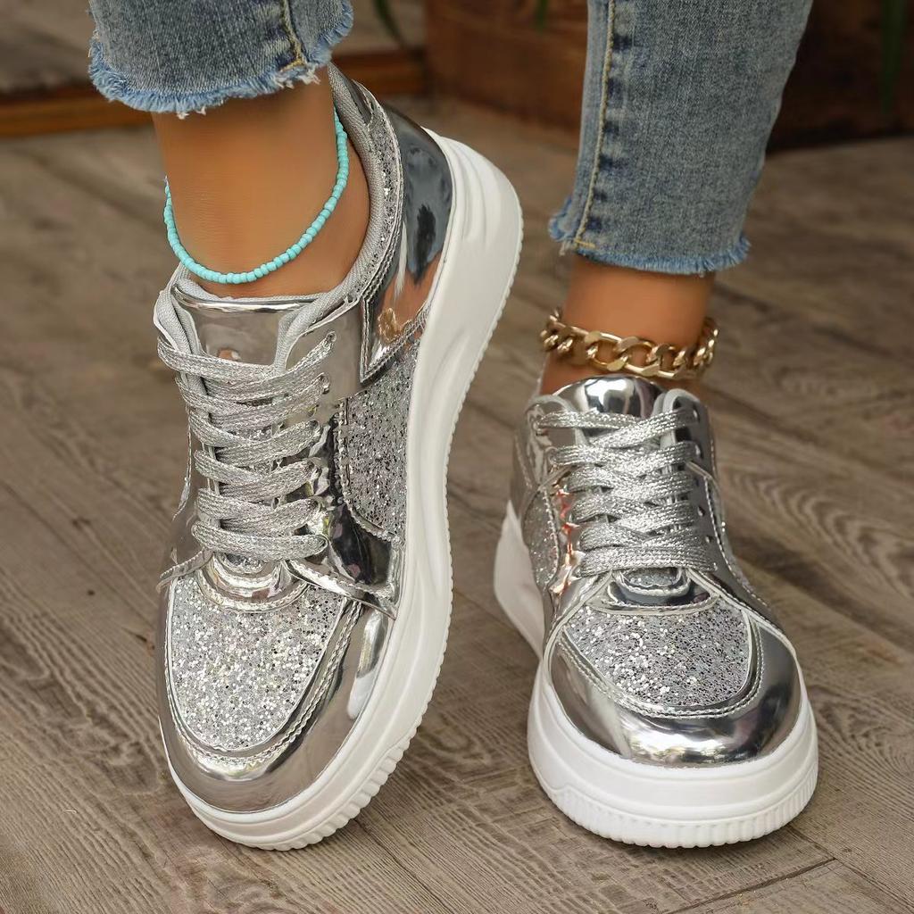 Women Sequin Upper Platform Sneakers Couples Casual Lace Up Ladies Shoes Plus Size