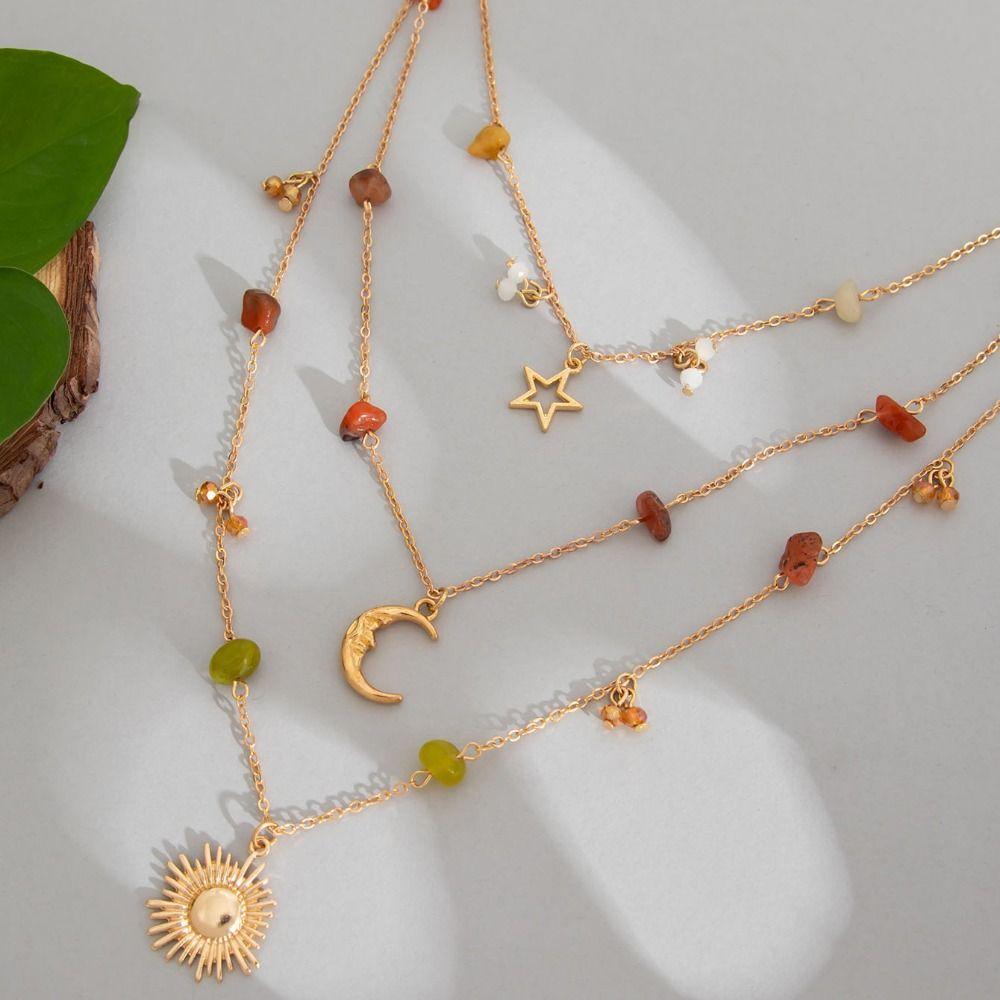 Bead Clavicle Chain Women Sun Moon Star Bowknot Clavicle Necklace Y2K Multilayer Necklace Girls