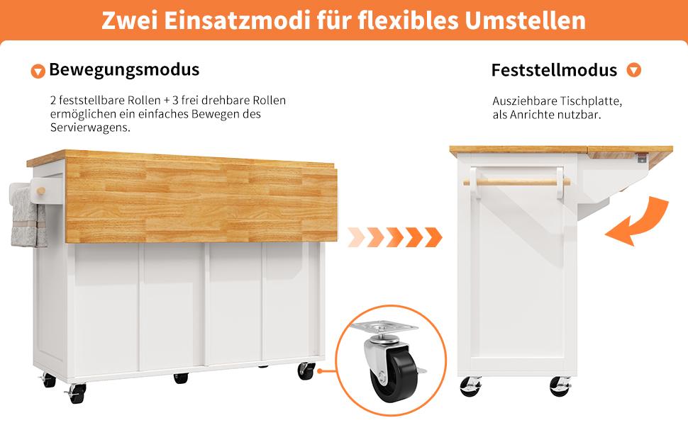 Kitchen Island, Multifunctional Serving Cart, Large Storage, Mobile Buffet Cabinet, Incl. Brakes and Adjustable Compartments, White