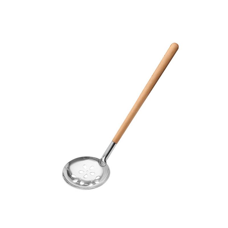 27cm Stainless Steel Cooking Spoon With Wood Long Handle Wooden Ladle Slotted Spoon with Holes for Cooking Soup Serving Spoons